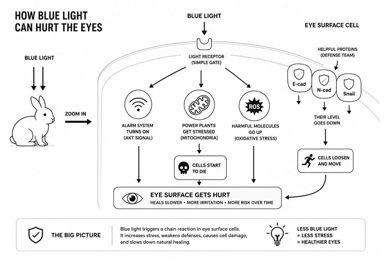 How blue light damages eye surface cells via ROS, mitochondrial stress and AKT signalling