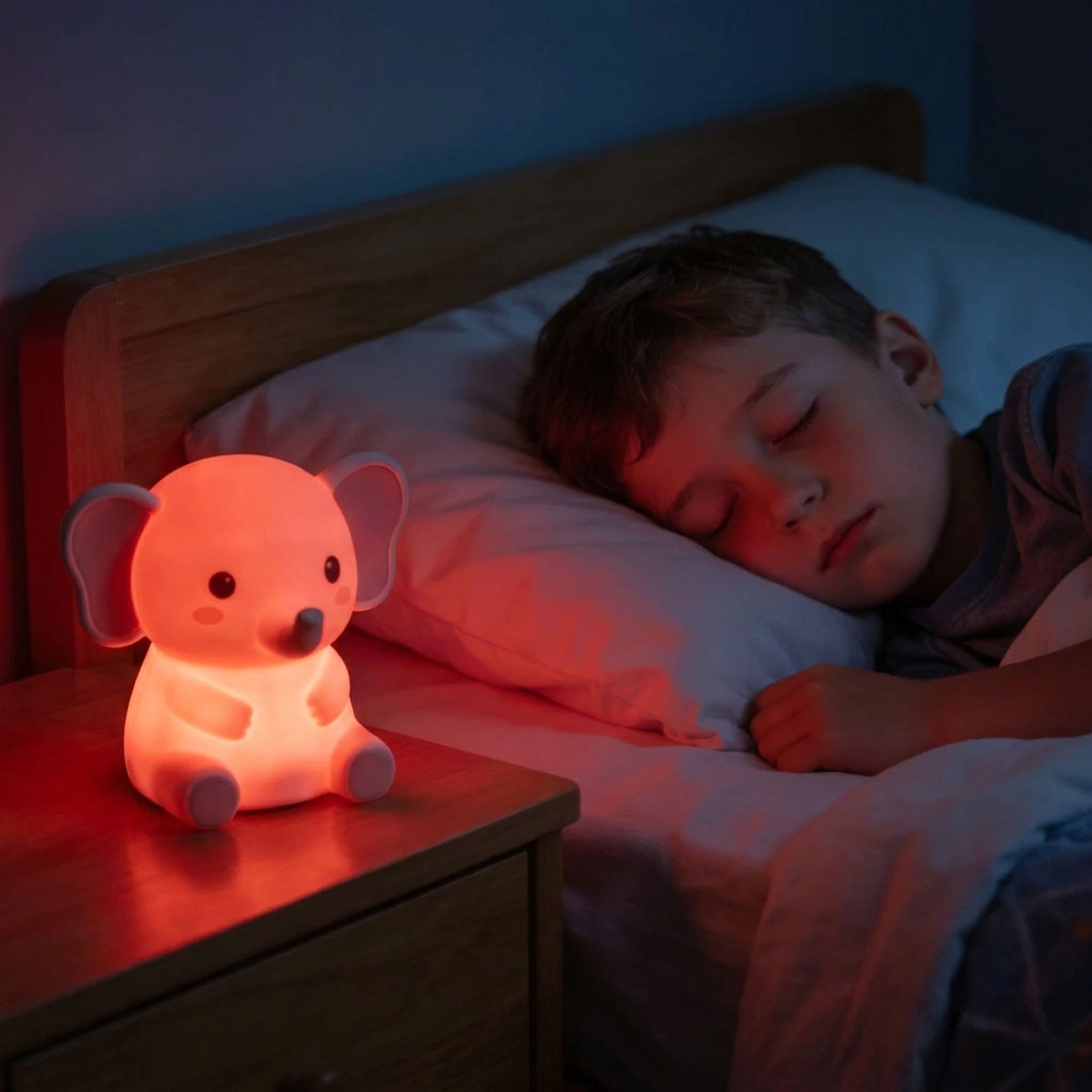Child sleeping next to a red amber nightlight — the right spectrum for melatonin protection